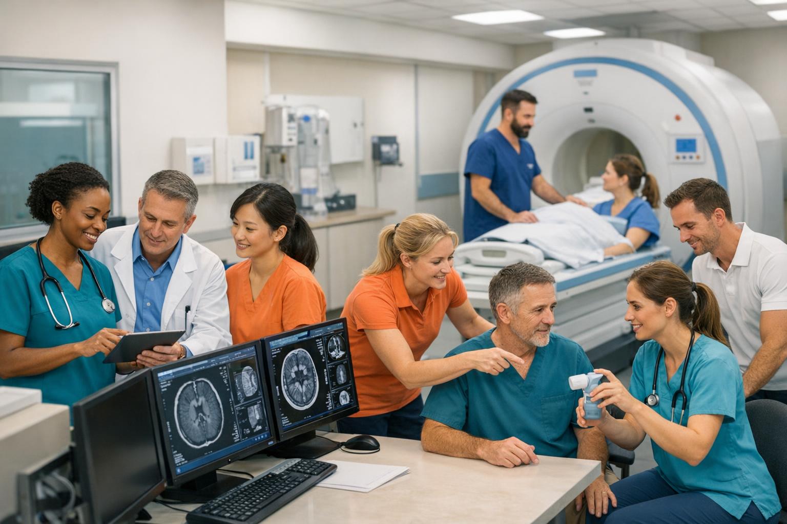 Allied health professionals collaborating across imaging, laboratory, respiratory and therapy services in a healthcare setting