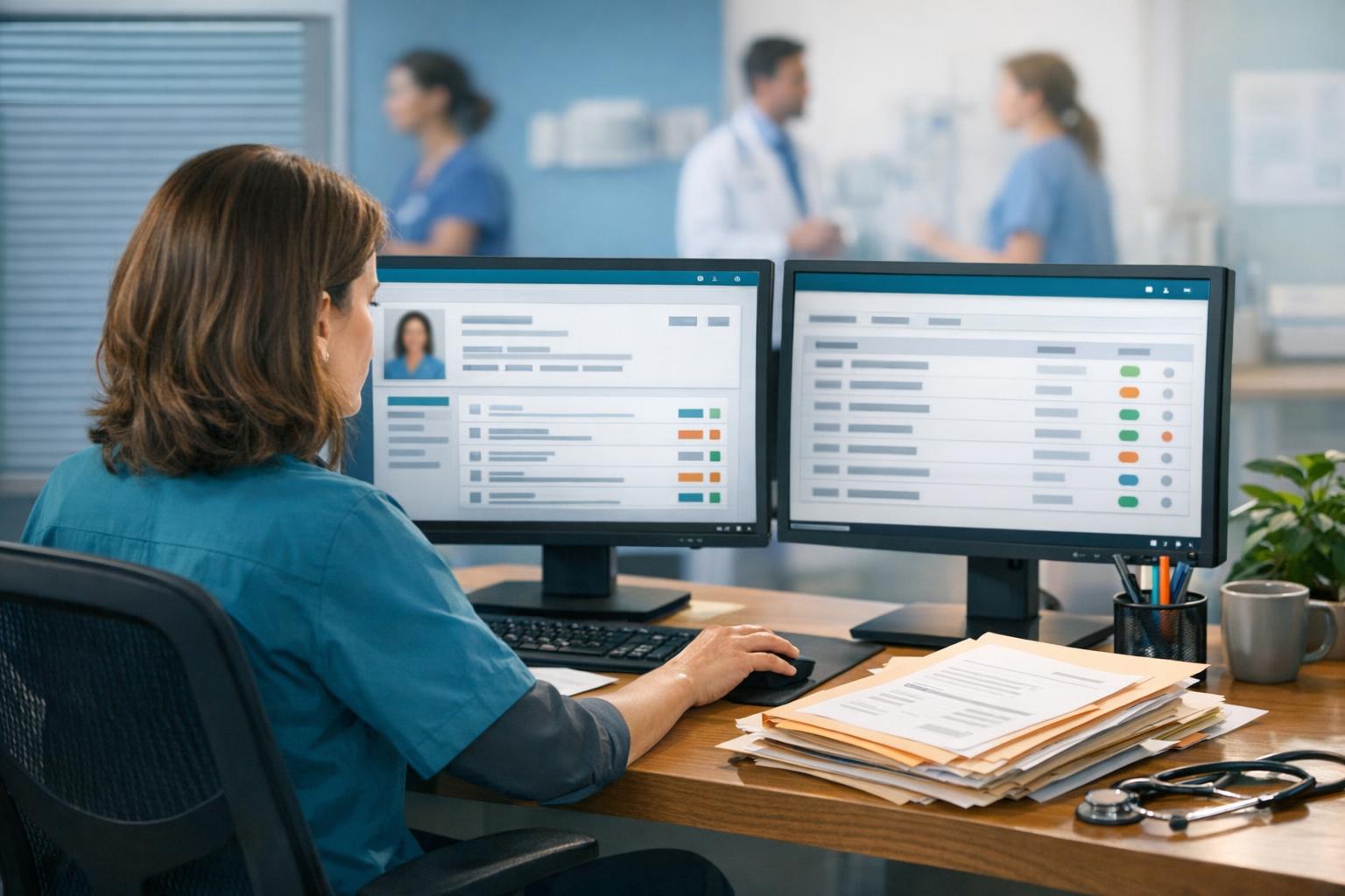 Healthcare recruiter and credentialing specialist reviewing clinician verification documents before assignment