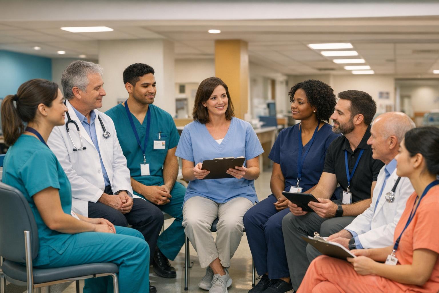 Hospital clinicians reviewing shift schedules at a nurses station
