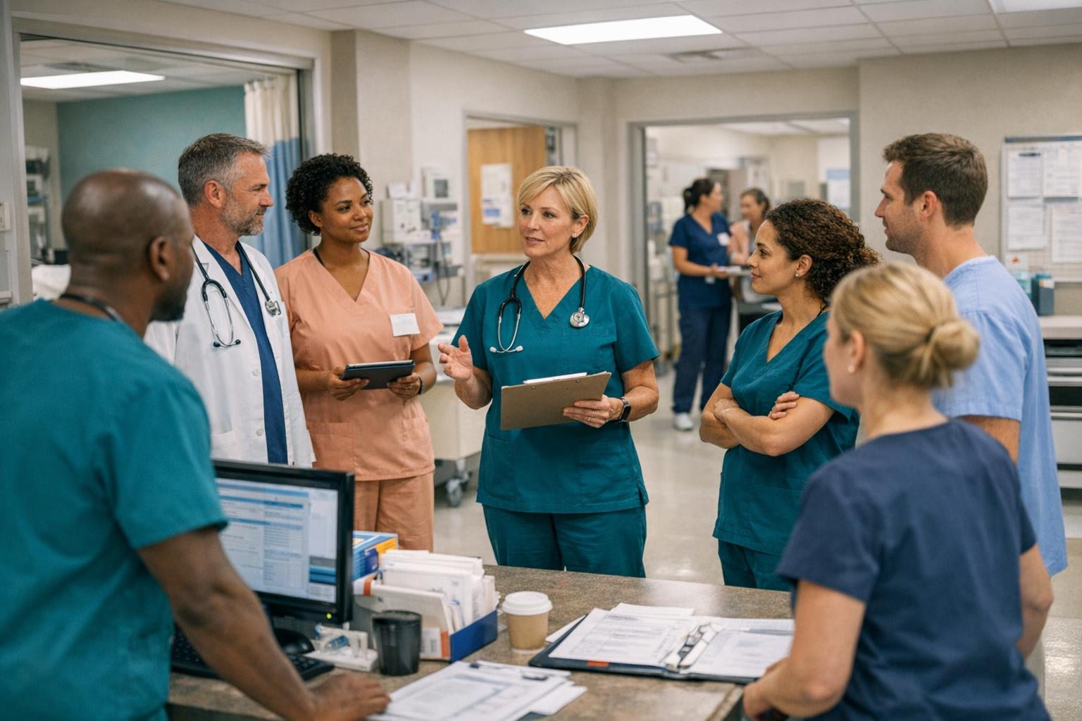 Hospital nursing team reviewing staffing coverage on a clinical unit