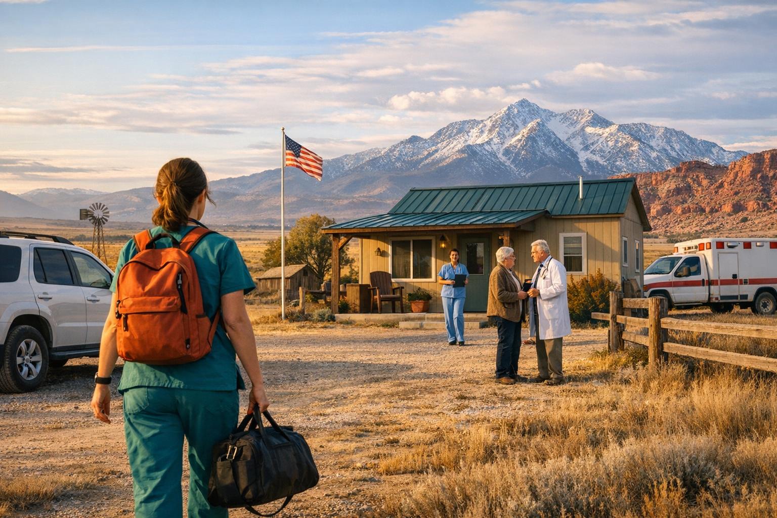Rural healthcare leaders reviewing staffing plans and shortage-area data for clinical access coverage